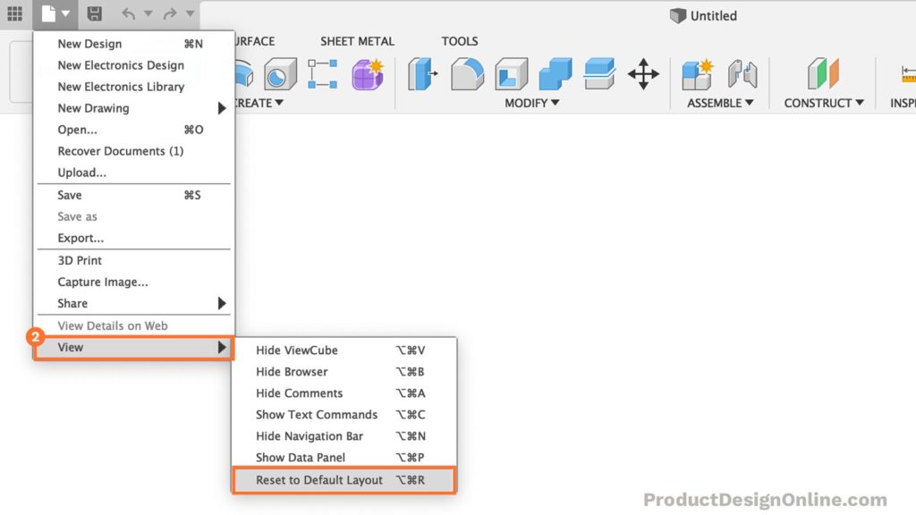 Find Fusion 360's View flyout folder and then find the Reset to Default Layout option