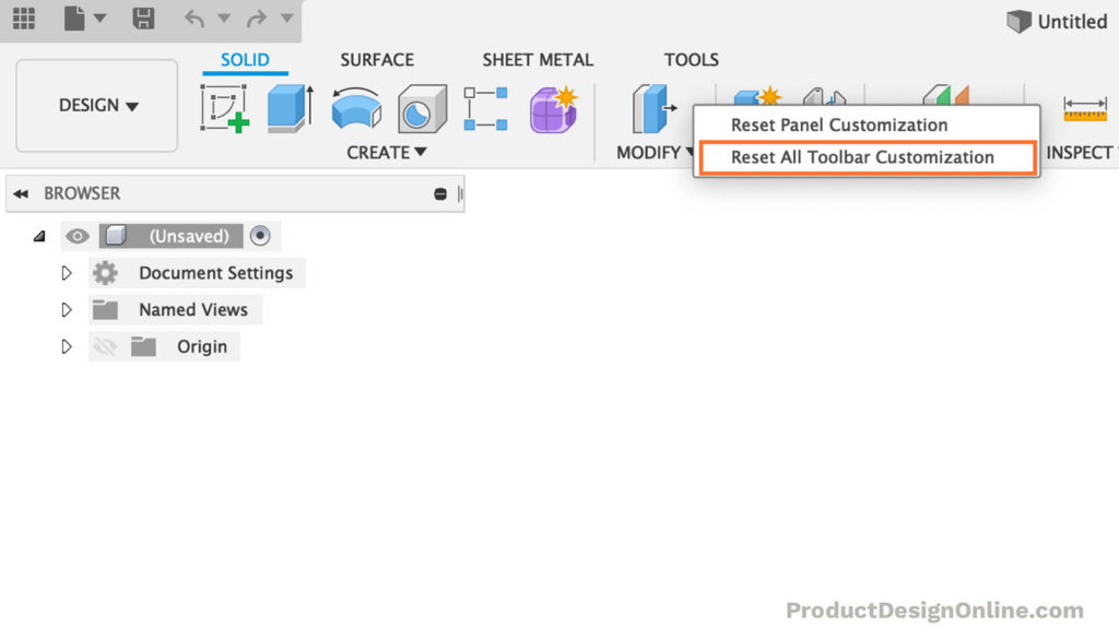 Reset All Toolbar Customization in Fusion 360