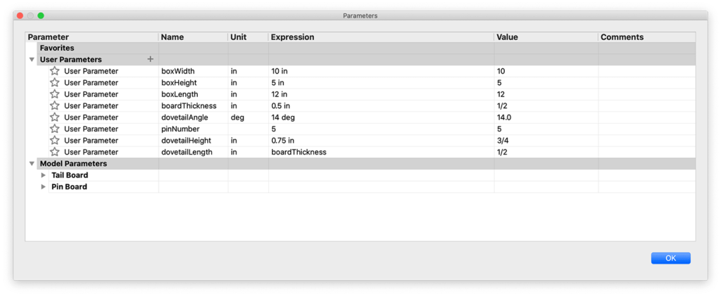 User Parameters used to create dovetail joints in Fusion 360