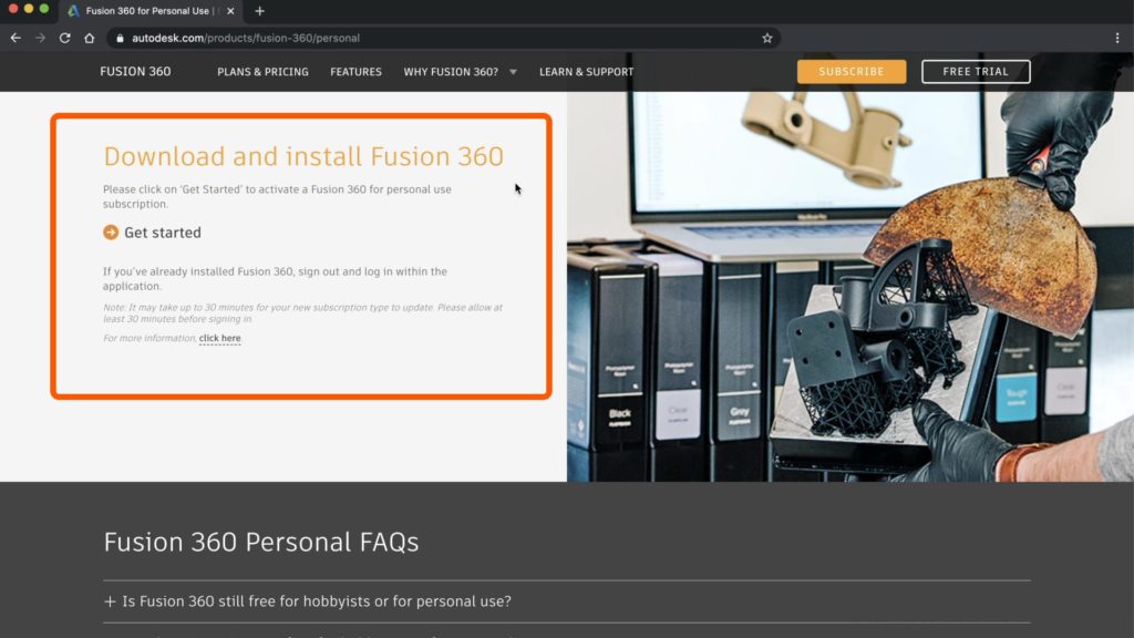 Find the Download and Install Fusion 360 section on the web page