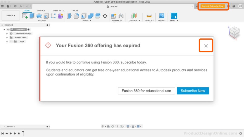 Your Fusion 360 offering has expired dialog