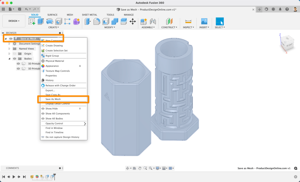 3D Print from Fusion 360 using the Save as Mesh selection.