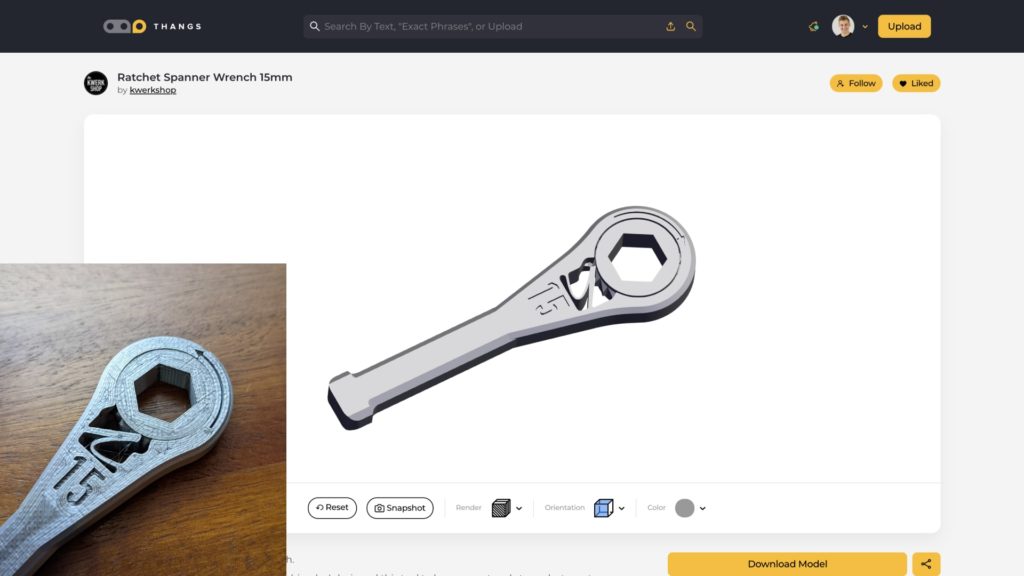 3D printable print-in-place ratchet spanner wrench 15mm