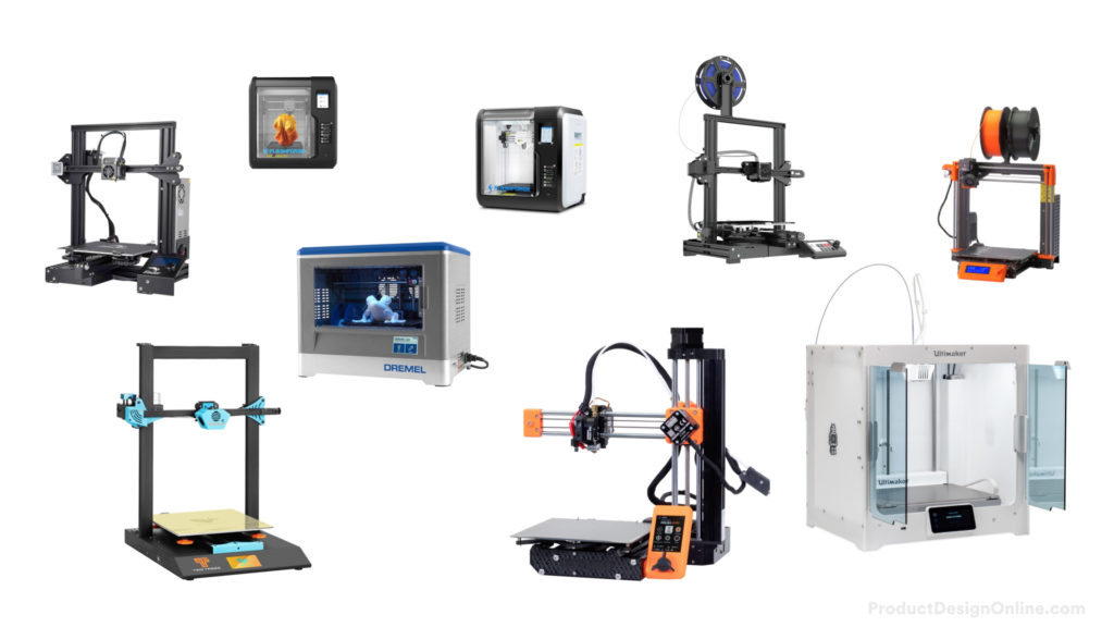 A variety of FDM 3D printer machine designs