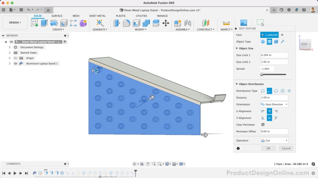 Geometric Pattern Fusion 360 example on side of sheet metal laptop stand