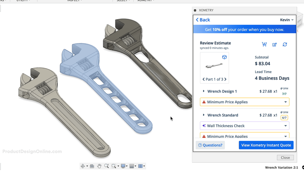 Review the Xometry quote estimate within Fusion 360
